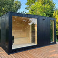 Sauna extérieur Tobus 475 cm – avec vestiaire et baie panoramique