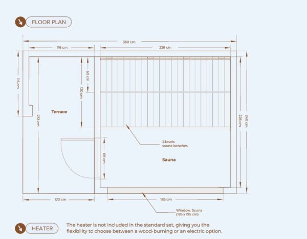 Sauna extérieur TAVOS avec terrasse – 240 × 360 cm