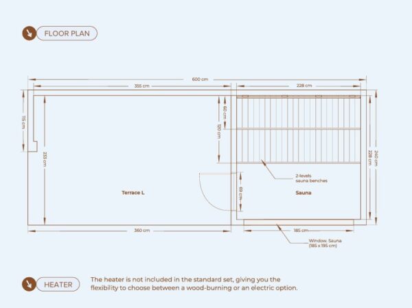 Sauna extérieur TAVOS avec terrasse – 240 × 360 cm
