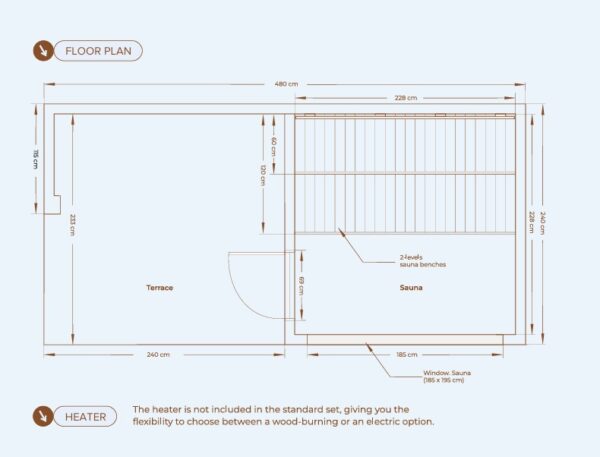 Sauna extérieur TAVOS avec terrasse – 240 × 360 cm