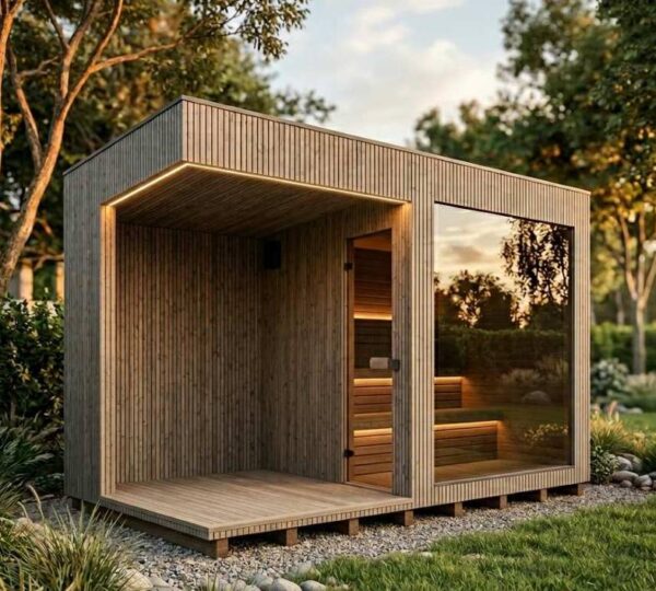 Sauna extérieur TAVOS avec terrasse – 240 × 360 cm