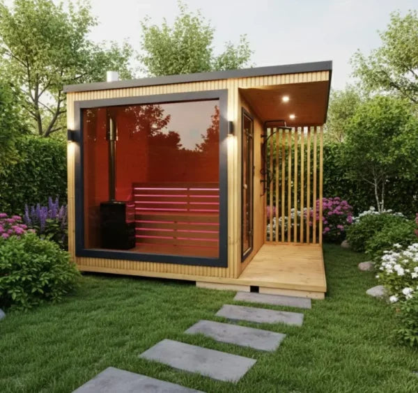 Sauna extérieure avec douche Luxi – Sauna de jardin premium 330 × 230 cm